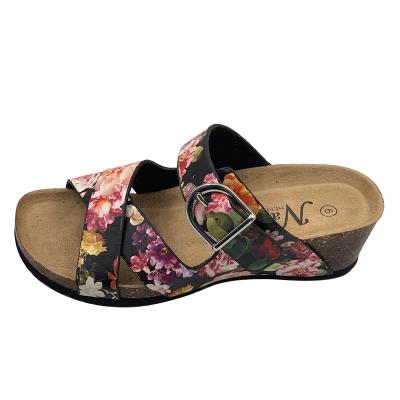 China Cork Sole Floral Print Open Toe Ladies Women Wedge Heel Anti-odor Comfy Soft Sandals Shoes for sale