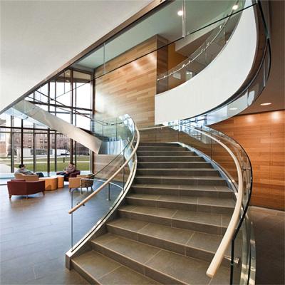 China Indoor LuxuryCurved Glass Staircase Railing Laminated Glass/Solid Wood Tread For Residential, Commercial for sale