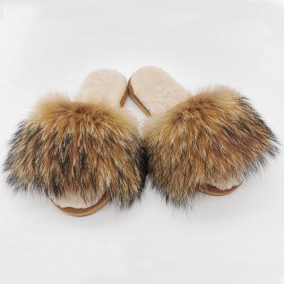 China HQS-WS014 Anti-odor Factory Sheepskin Moccasin Slippers Luxury Customized Genuine Sheepskin Slippers With Fox Wool for sale