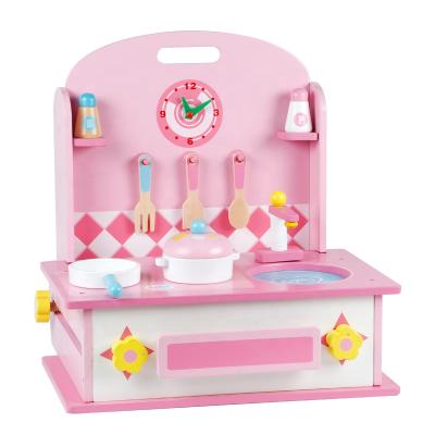 China Pretend Play Toys Pink Stove Cooking Bench Wooden Kitchen Cooking Toys Stove Kitchen Play Set for sale