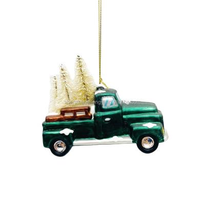 China Europe 2021 New Merry Christmas Decoration Car Green Glass Truck For Christmas Tree Hanging Ornaments for sale