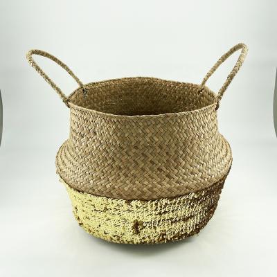 China New Design Metal Sequin Natural Plant Grass Sustainable Hot Selling Kitchen Storage Handmade Woven Basket for sale