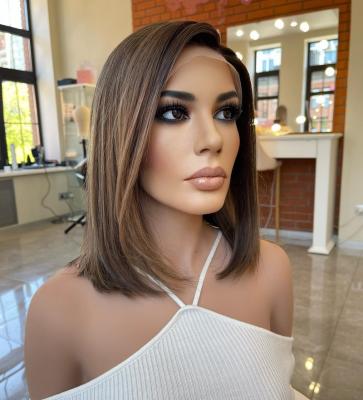 China Hot Body Wave Product Highlights Brown Color Bob Wig Natural Hairline HD Lace Front Wig For White Women for sale