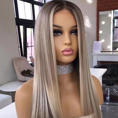 China Hot Body Wave Product Highlight Ombre Color Straight Cuticle Aligned Wig Glueless HD Kosher Lace Front Wig for sale