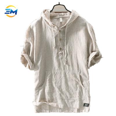 China New men's summer anti-pilling cotton hooded casual loose canvas hooded men's short-sleeved style and striped canvas youth for sale