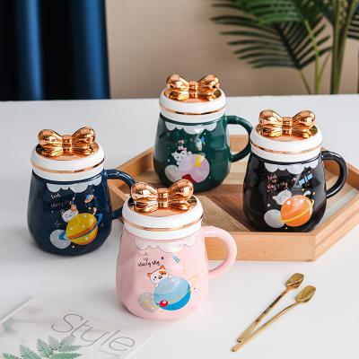 China Custom 2022 couple new logo student coffee milk cup viable Nordic creative ceramic cup mug with bowknot lid for sale