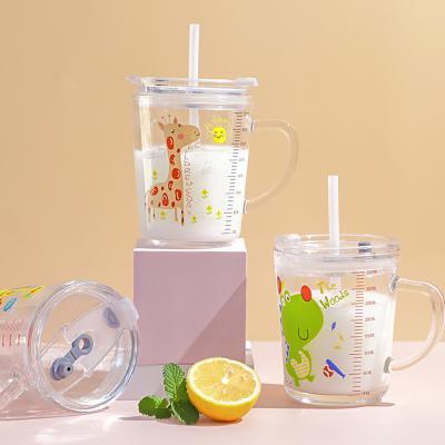 China YIDING Viable Customized Cute Animal Series Drinking Glass Bottles 350ml 12oz Cartoon Milk Cup Cup With Lid And Straw for sale