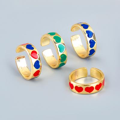 China Sweet Lead Free Nickel Free Love Heart Rings Real 18K Gold Plated Small Heart Colorful Stackable Oil Drip Open Rings for sale