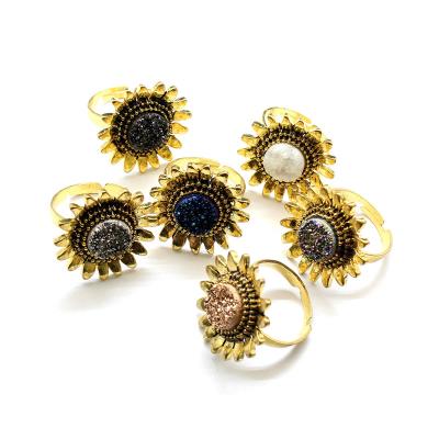 China China Crystal Sunflower Ring Jewelry Angel Rough Healing Wholesale Aura Agate Cluster Adjustable Ring for Gifts for sale