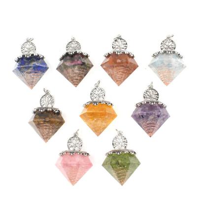 China New China Style Natural Gemstone Crystal Chips Resin Tree Of Life Diamond Shape Pendant For Healing for sale