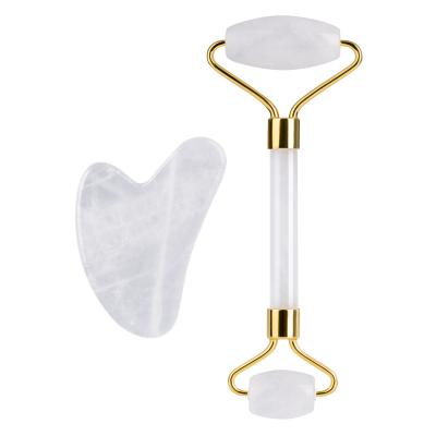 China Wholesale Natural White Crystal Quartz Stick Double Head Face Massager Facial Set Straight Shank Scrap Face Roller for sale