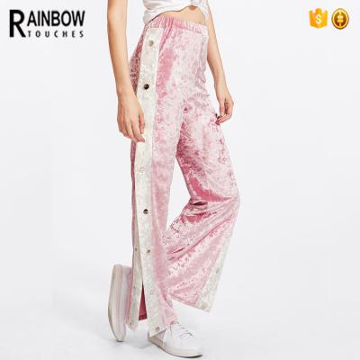 China Fashionable Women's Anti-pilling Crush Velvet Button Side Stripe Split Track Pants for sale