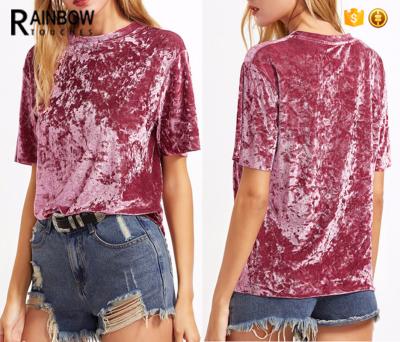 China Anti-pilling Wholesale Custom Velvet Fabric Short Sleeve Design Women Blouse In Pink for sale