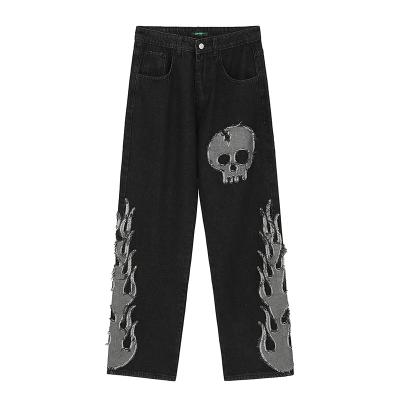 China Breathable Skull Flame Patch Embroidered Jeans For Men for sale