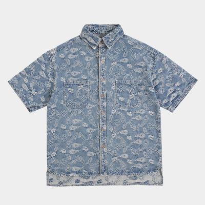 China Cotton Bandana Anti-pilling Short Sleeve Denim Shirt Men for sale