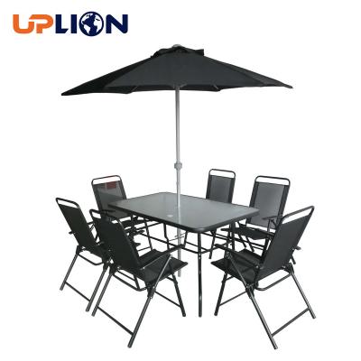 China Durable Uplion 6 Seat Folding Garden Furniture Set Outdoor Steel Patio Dining Table And Chair With Umbrella Set for sale