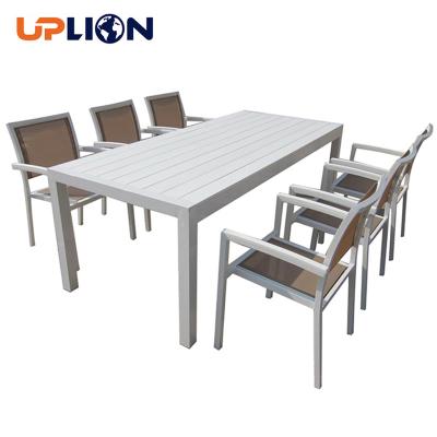 China Uplion Furniture Durable Luxury Outdoor Furniture Plastic Wood Table Chair Garden Patio Dining Table and Chairs Set for sale