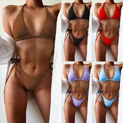 China 2022 Women Anti-UV Mini Brazilian Bikini Set 2 Piece Swimwear Sexy Micro Thong Brown Ribbed String Bikini for sale