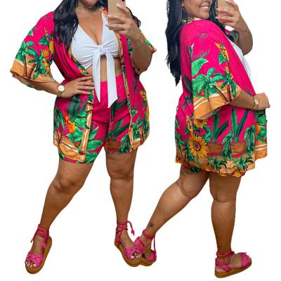 China 2022 Summer Breathable Beach Wear Plus Size Floral Printed Short 3 Piece Clothing Set Women for sale