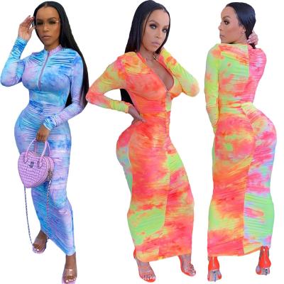 China Breathable Autumn 2021 New Arrivals Fall Dress Long Sleeve Tie Dye Ruched Zipper Long Bodycon Maxi Dress For Women for sale