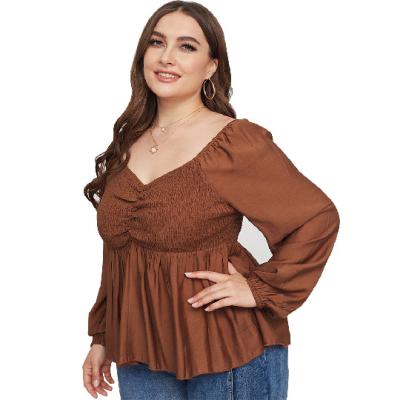 China Wholesale Breathable Women Plus Size Long Sleeve Tops Solid Blouses Ruffles Plus Size Ladies Blouses Tops for sale