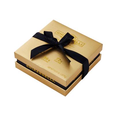 China Recycled Wedding Chocolate Bar Material Fancy Luxury Paper Packaging Box Shiny Gold Foil Stamping With Ribbon for sale