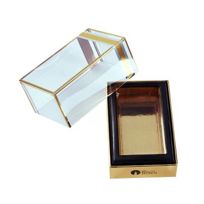 China Recycled Luxury PVC Window Clear Gold Foil Materials Cardboard Paper Gift Rigid Perfume Box Premium Window Packaging for sale