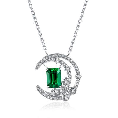 China Vintage Hot Stone Lab Developed Emerald Cut Butterfly Lab CLASSIC 925 Sterling Silver Half Crescent Moon Created High End Emerald Necklace for sale