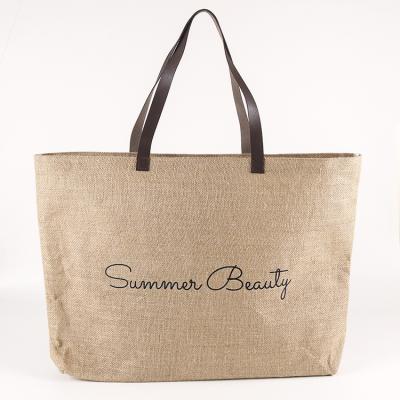 China Customized Eco - Friendly Printed Jute Bag With Handles Leather Grocery Bag For Women for sale