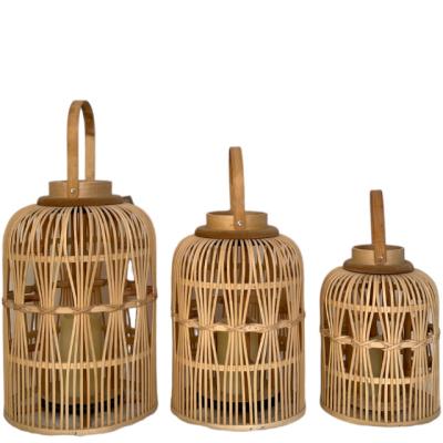 China Home Decoration Wholesale hot natural classic handmade new design bamboo chipwood lantern with  LED candle for home decoration or festival for sale