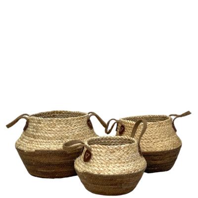 China Sustainable Round 3PCS  banana leaf corn rope craft  basket with jute handle for home storage for sale