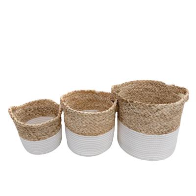 China Sustainable Corn Leaf Cotton Rope Straw Woven Storage Wicker Basket for sale