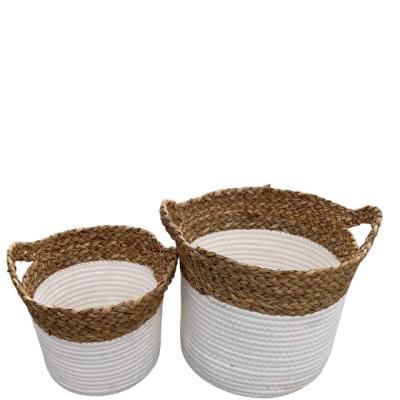 China Sustainable Household handmade cotton rope grass craft  basket with best price spring new design for home storage for sale