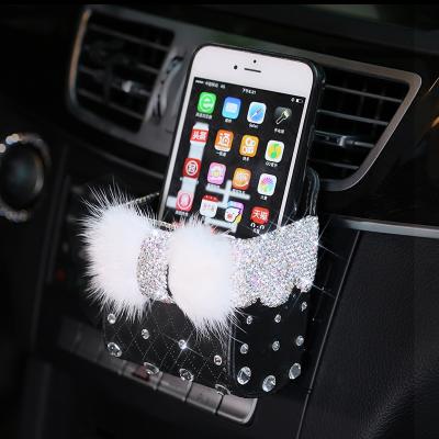 China Clean Leather with Plush Car Storage Box Crystal Rhinestones Auto Air Outlet Cell Phone Holder Black Beige for sale