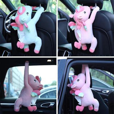 China Cartoon Unicorn Car Backseat Hanging Tissue Cloth Bag Cartoon Car Cloth Bag Soft Short Crate Holder Handrail Plush Auto Toys For Children Kids Accessories for sale