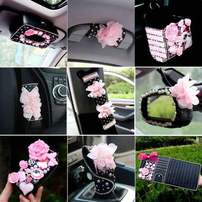 China Decoration your car leather with pearl Crystal Diamond Car Interior Decoration and accessories set for girls handbrake gear cover tissue box for sale