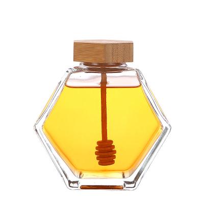 China High Quality Luxury Empty Glass Hexagon Household Products Xuzhou Honey Glass Jar Honey Jars With Plunger 380ml for sale