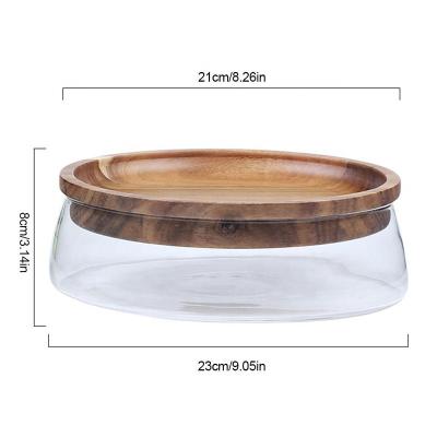 China Glass Food Fashion Kitchen Organization Storage Jar Bins Containers With Acacia Wood Fruit Trays for sale