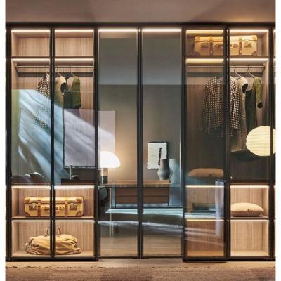 China (Size)Adjustable Modern Solid Wood Glass Aluminum Wardrobe Door Bedroom Furniture Cabinet for sale