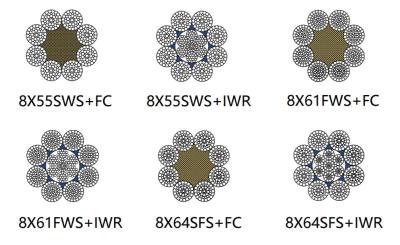 China Large Diameter Steel Rope Cable , Steel Core Wire Rope 8x55SWS 8x61FWS 8x64SFS for sale