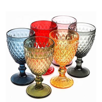 China Thickened handmade pressed housewares drinking 8oz embossed design 240ml wedding tumbler embossed vintage colored red wine glass for sale