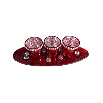 China Unique Art Modern Candle Holder 3 Set of Red Glass with Red Dish with Plastic Pinecone Ball Beads for sale