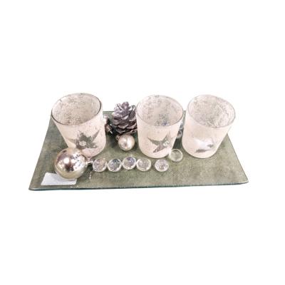 China Unique Art Modern Glass Candle Holder 3 Set with Clear Plate with Ball and Pinecone Beads for sale