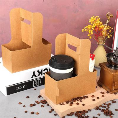 China Customized Disposable Take Away Drink Coffee Tea Cup Holder Hot Cup Holder With Handle Wrapping Paper Disposable Craft Paper Food Tray Accept for sale