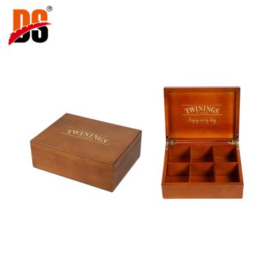 China DS Handmade Custom Wooden 6 Compartments Solid Wood Tea Box Tea Bag Hot Stamping Organizer for sale