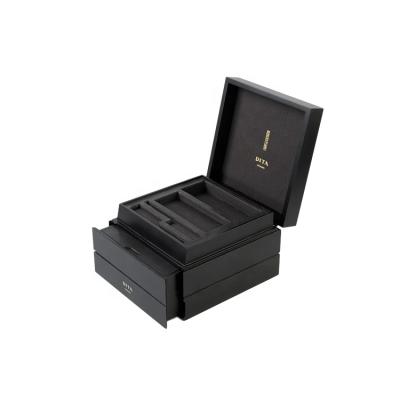 China DS Wooden Storage Box Layers Matte Black Finished Jewelry Organizer Handmade Multi Packing Gift Box for sale