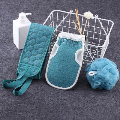 China Long Handle 3pcs Exfoliating Back Skin Scrubber Body Gloves Tie Up Loofah Ball Cotton Towel Back Cleansing Belt for sale