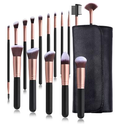 China Angular Blush Rose Golden 16 Pcs Premium Synthetic Wood Handle Makeup Brushes Black Makeup Brush Set With Leather Bag Magnet PU Storage Bag for sale