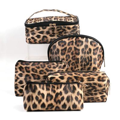 China Fashion 5pcs Pack Portable Zipper Leather Toiletry Bags Makeup Leopard Cosmetic Organizer for sale