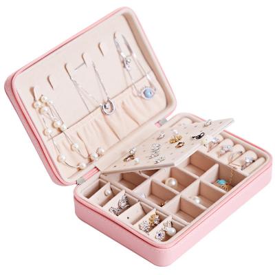 China With Zipper Double Layer Leather Jewelry Box Necklace Earring Rings Organizer Storage Cases With Zipper for sale